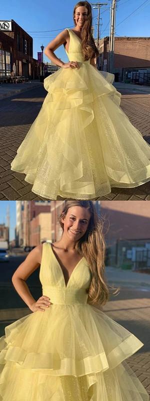 Yellow A-line Sleeveless V-neck Long Prom Dresses Online,Dance Dresses,12401