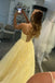 Yellow A-line Spaghetti Straps Backless Long Prom Dresses Online,12521