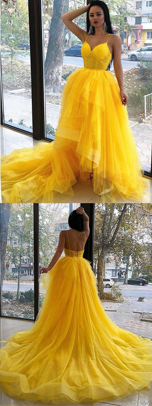 Yellow A-line Spaghetti Straps High Low Cheap Maxi Long Prom Dresses,13063