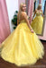 Yellow A-line Spaghetti Straps V-neck Cheap Long Prom Dresses Online,12619