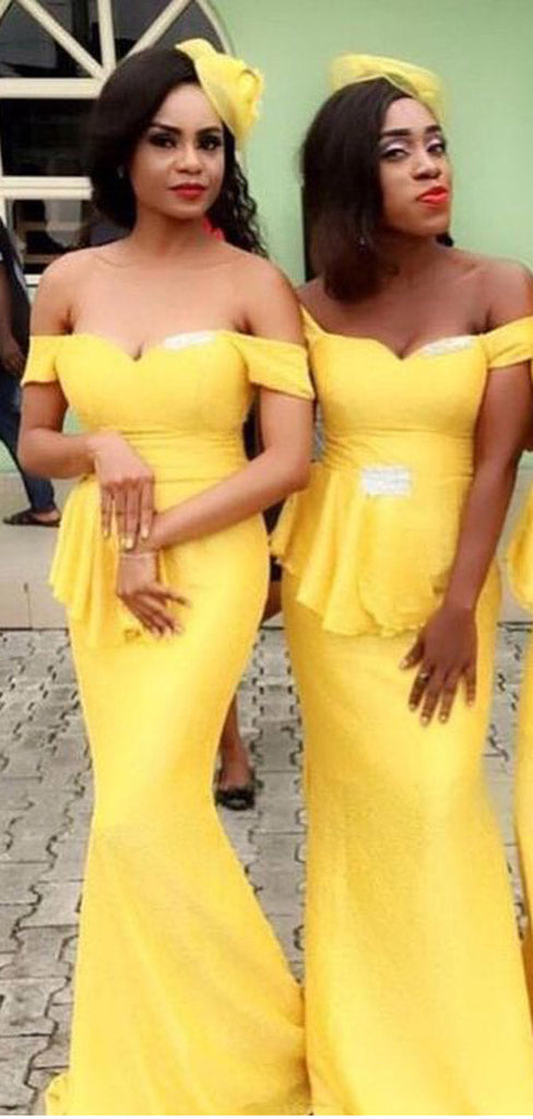 Yellow Mermaid Off Shoulder Cheap Long Bridesmaid Dresses Online,WG1227