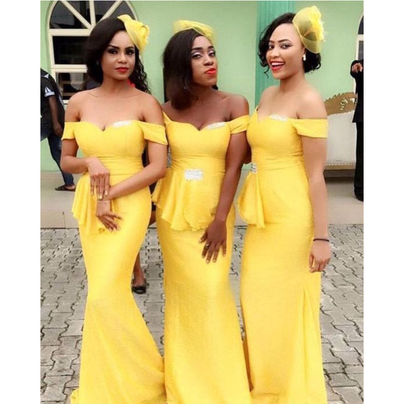 Yellow Mermaid Off Shoulder Cheap Long Bridesmaid Dresses Online,WG1227