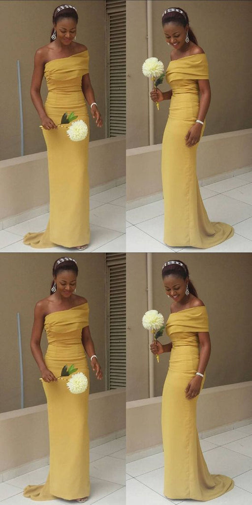 Yellow Mermaid One Shoulder Cheap Long Bridesmaid Dresses,WG1388