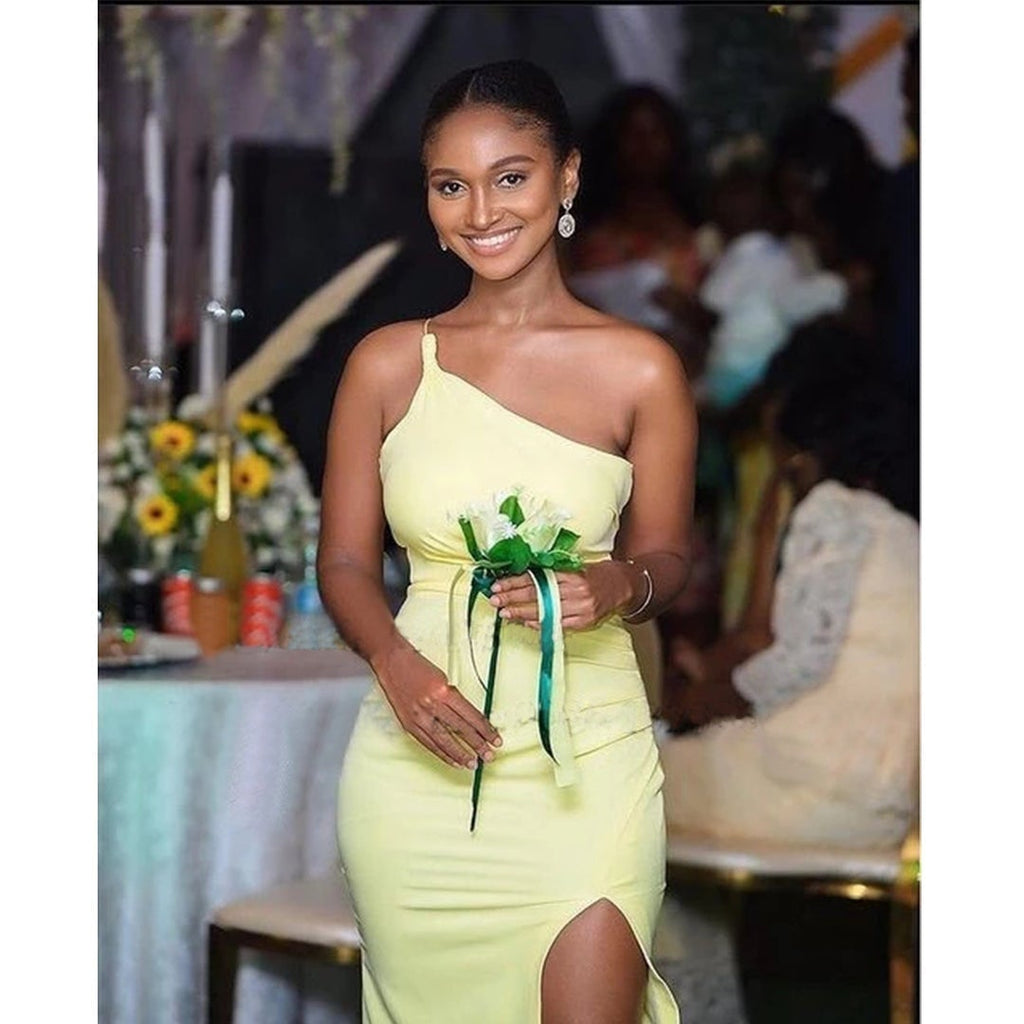 Yellow Mermaid One Shoulder Side Slit Cheap Long Bridesmaid Dresses,WG1052