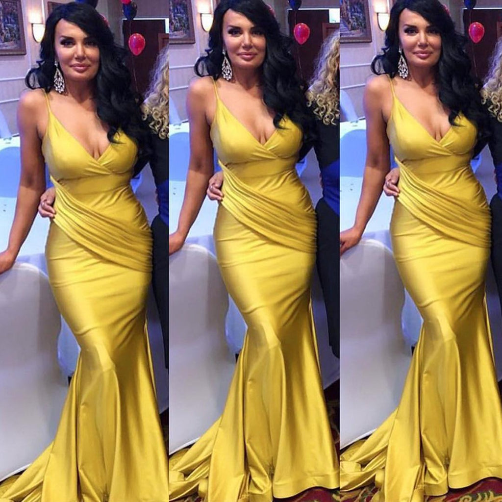 Yellow Mermaid Spaghetti Straps V-neck Long Bridesmaid Dresses Gown Online,WG937