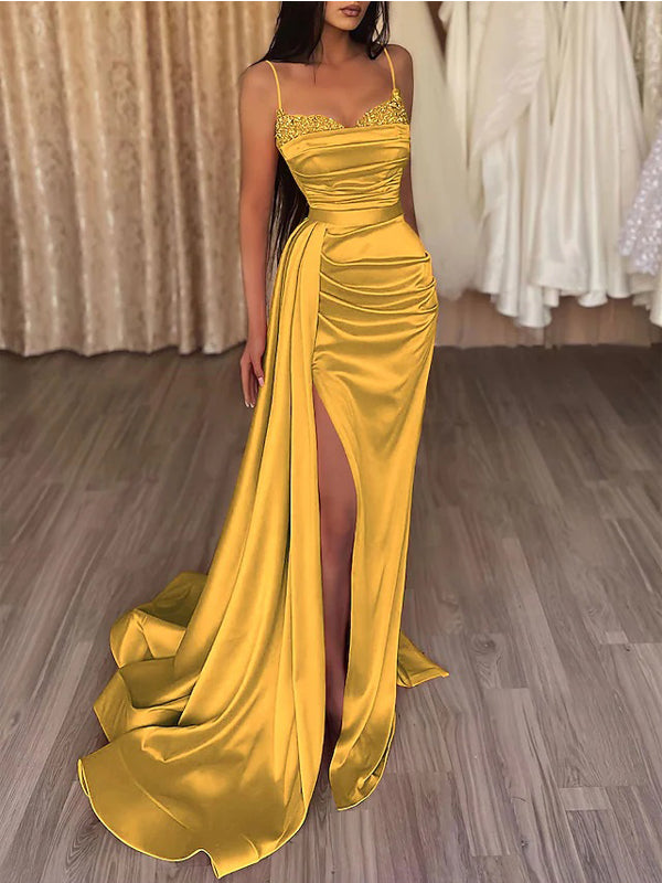 Yellow Sheath Spaghetti Straps High Slit Cheap Long Prom Dresses,12816