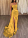 Yellow Sheath Spaghetti Straps High Slit Cheap Long Prom Dresses,12816