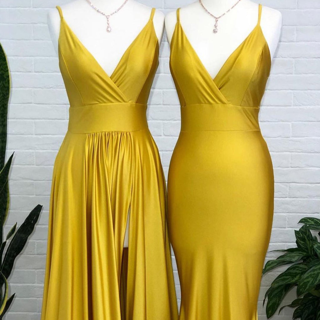 Yellow Spaghetti Straps V-neck Long Bridesmaid Dresses Gown Online,WG941